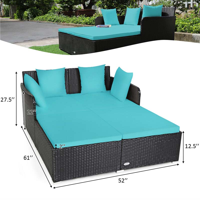 Rattan Wicker Outdoor Daybed Patio Furniture Cushioned Sofa Set with Thick Pillows