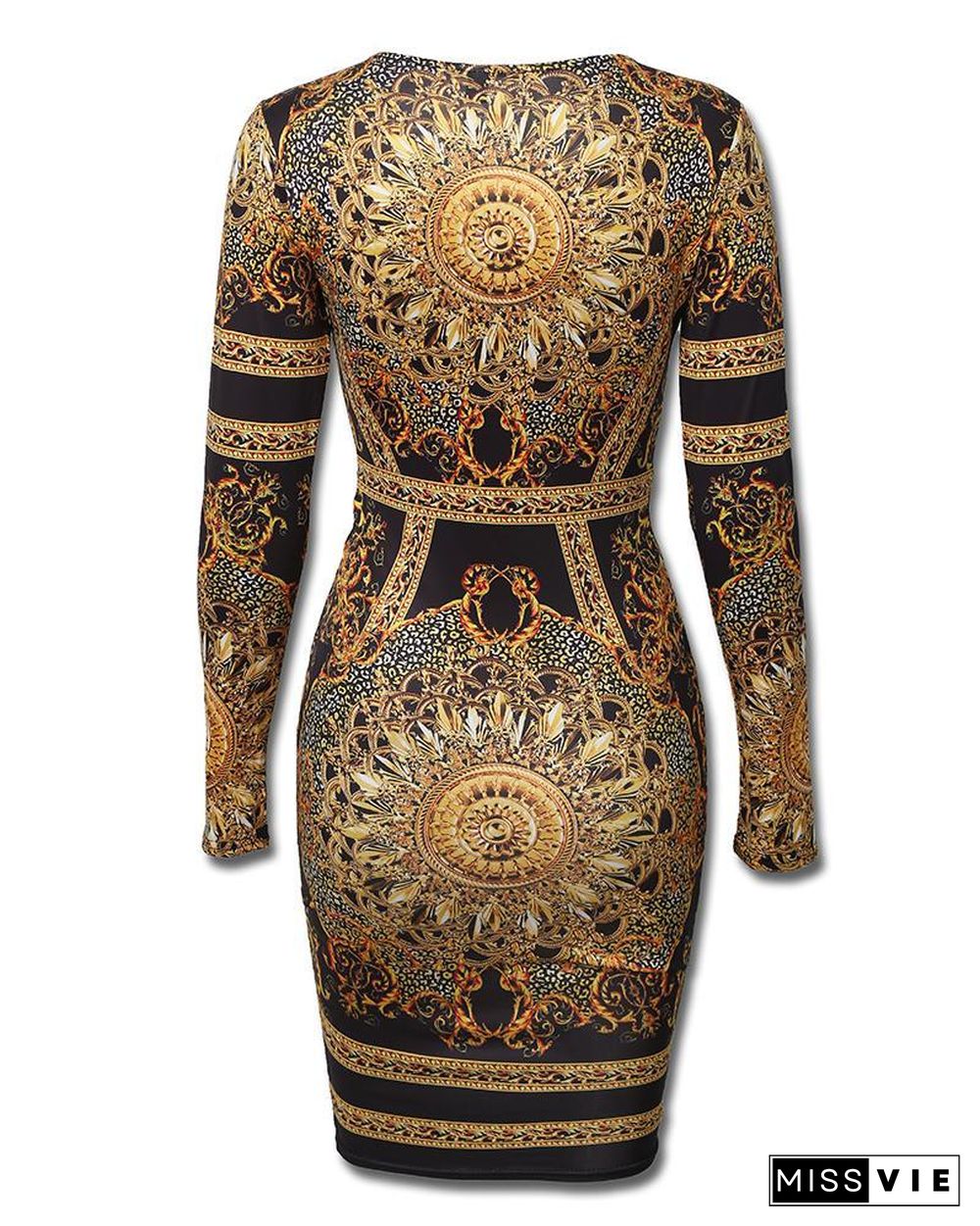 Retro Print Twist Front Long Sleeve Dress P14364