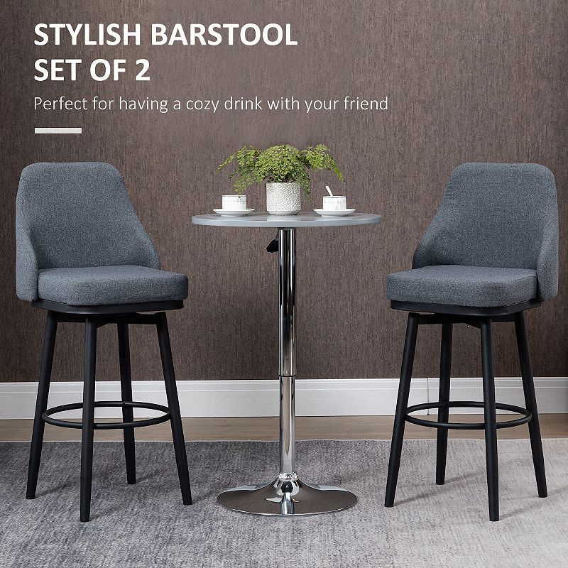 HOMCOM Extra Tall Bar Stools Set of 2， Modern 360▲ Swivel Barstools， Dining Room Chairs with Steel Legs and Footrest， Dark Grey