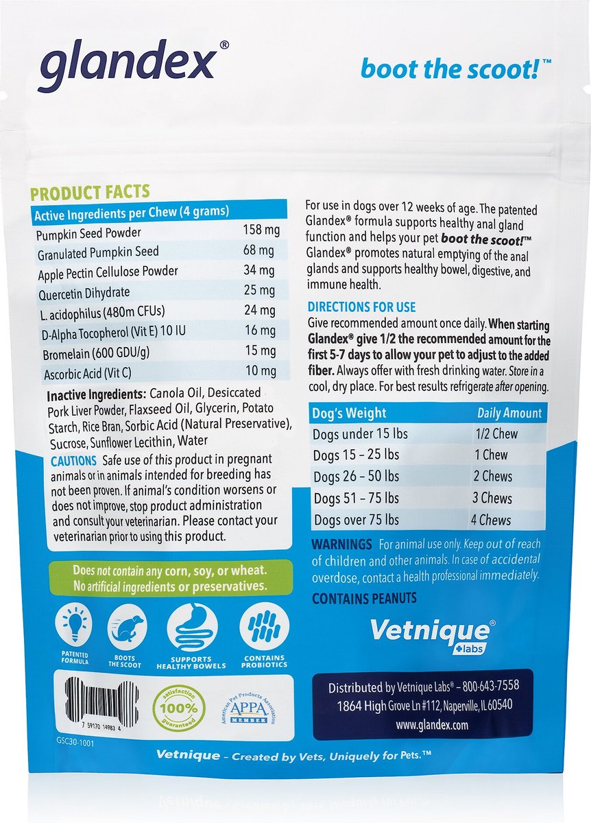 Vetnique Labs Glandex Anal Gland and Probiotic Pork Flavored Pumpkin Fiber and Digestive Soft Chew Dog Supplement