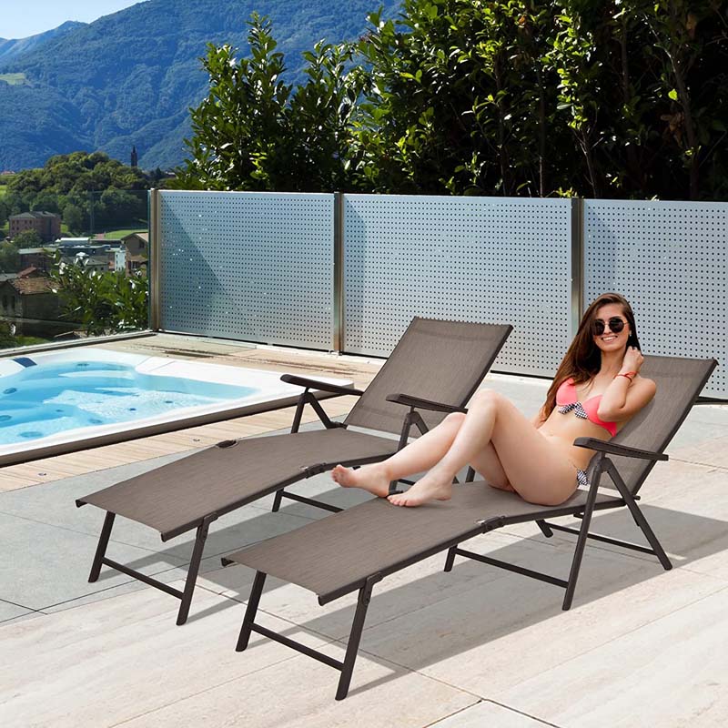 2 Pcs Folding Chaise Lounge Chair with 5-Position Backrest & 2-Position Footrest, Fabric Seat Sun Lounger for Pool Deck Beach