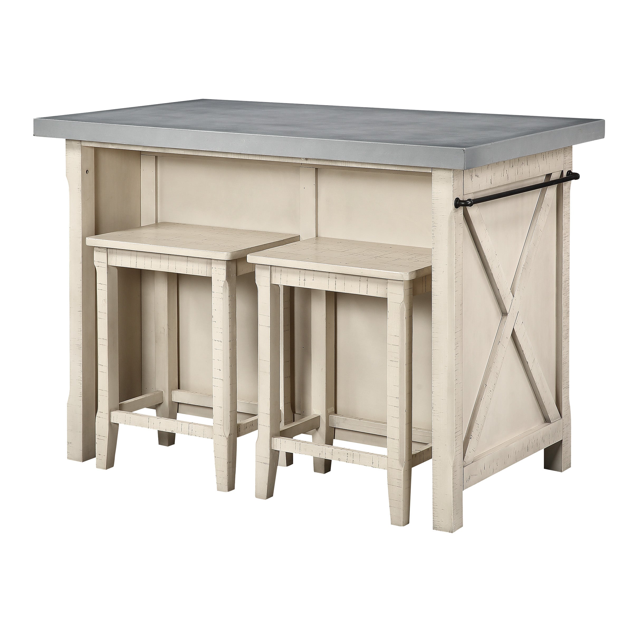 OSP Furniture Nashville Kitchen Island with Cement like Grey Top and 2 Stools