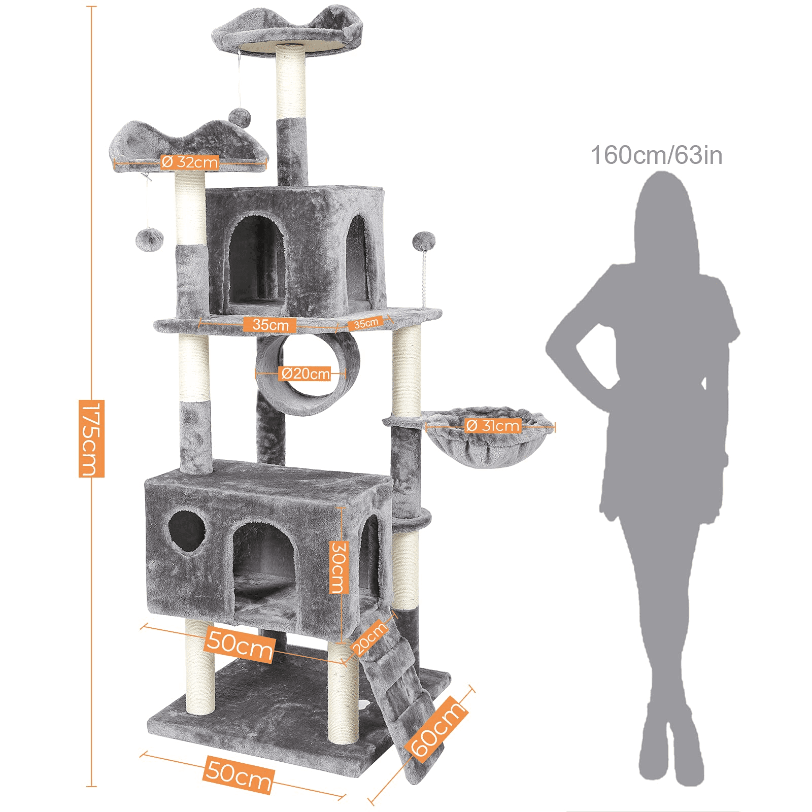 69” Tall Cat Tree Scratching Post， XL Cats Tower with Scratcher Hammock Condo House Top Perch Bed for Indoor Large Cat and Kitten (Gray)