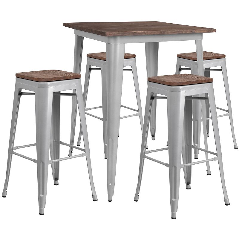 Flash Furniture 31.5 Square Metal Bar Table with Wood Top and Backless Stools 5-Piece Set