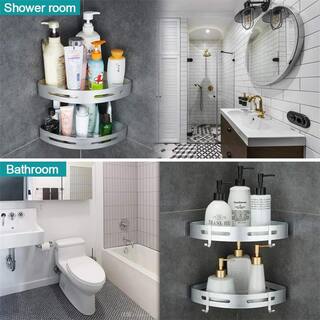 Dracelo Wall Mounted Bathroom Shower Caddies Corner Shelf with Hooks in Silver 2 Pack B07CLC5SP2