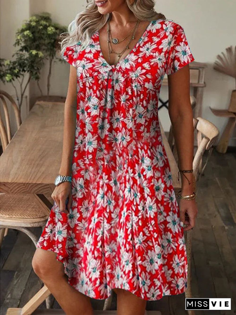 Women's Short Sleeve V Neck Floral Printed Casual Midi Dress