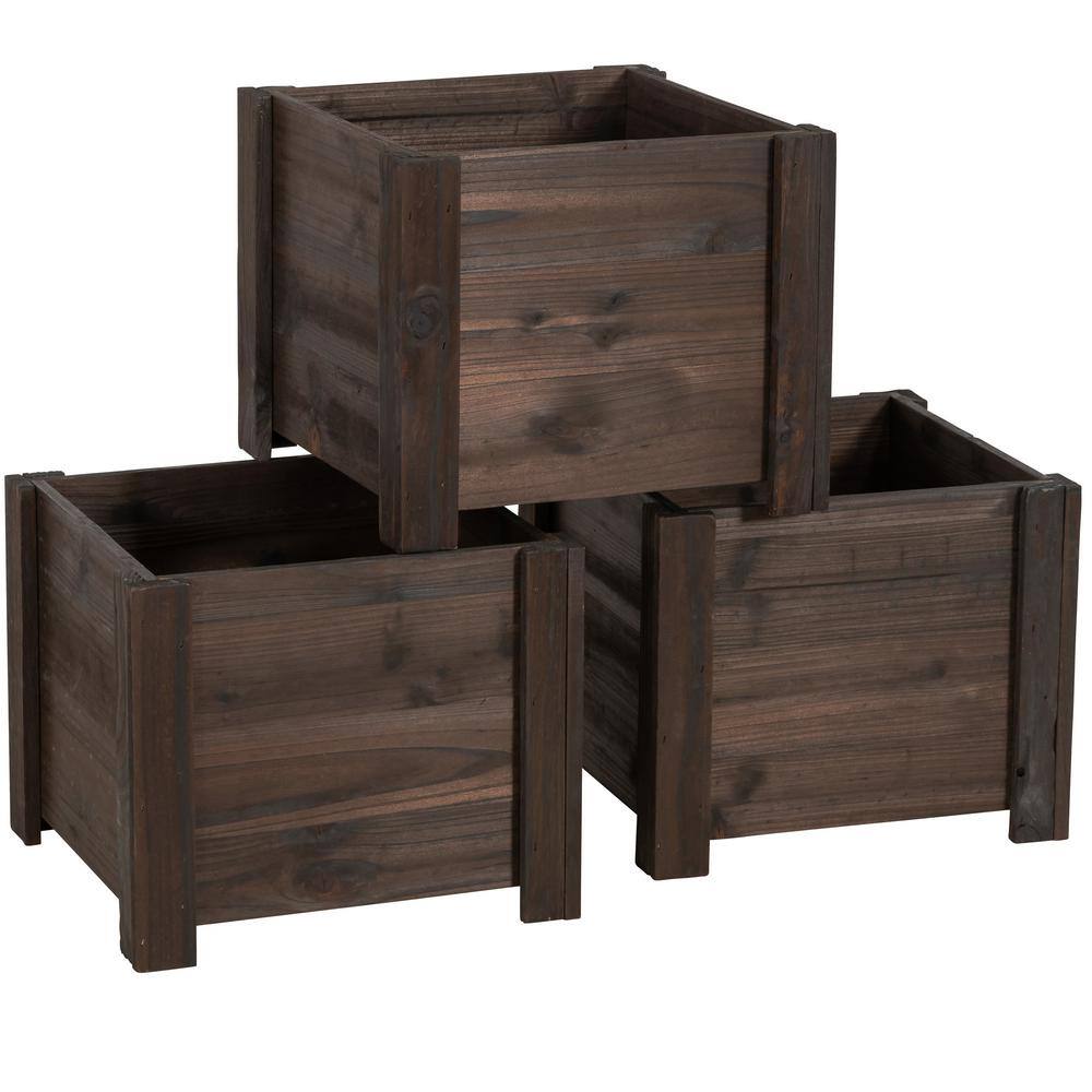 Leisure Season Medium 12 in. W x 12 in. D x 10 in. H Square Wooden Brown Planter (3-Pack) SQP120S-B