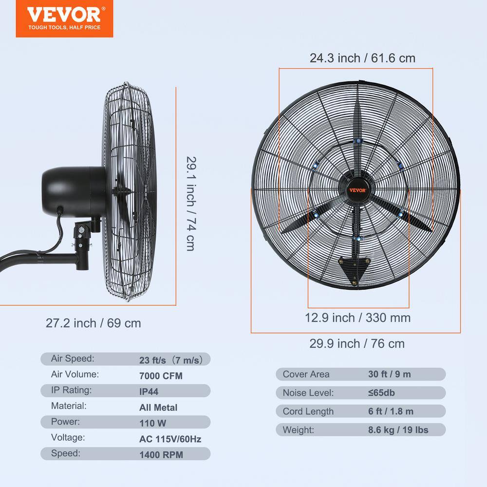 VEVOR Wall-Mount Misting Fan 24 in. 3-speed High Velocity Max. 7000 CFM Waterproof Oscillating Industrial Wall Fan GYBGSFSYCSS24BCVOV1