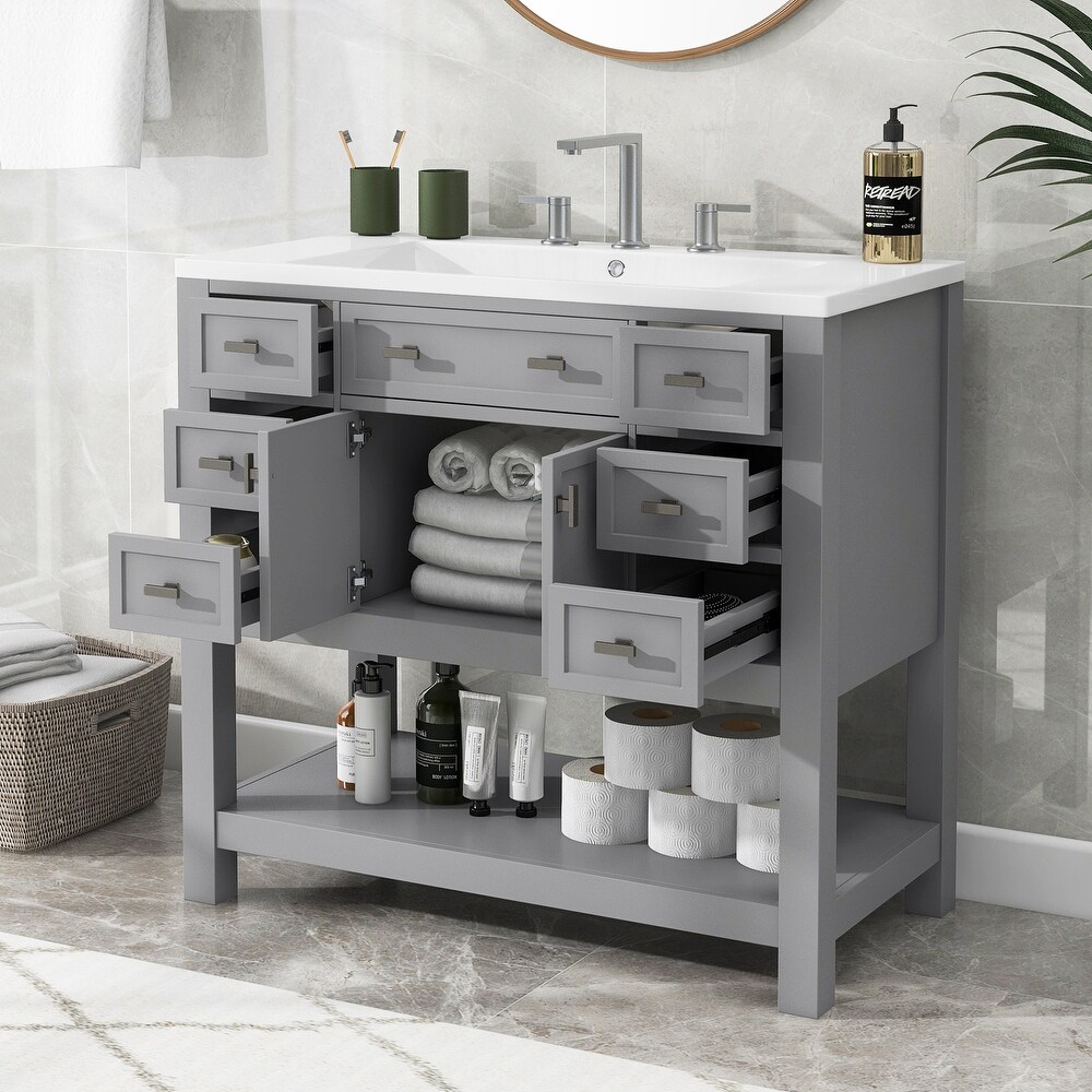 36'' Bathroom Vanity with Top Sink  Modern Bathroom Storage Cabinet with 2 Doors and 6 Drawers  Single Sink Bathroom Vanity