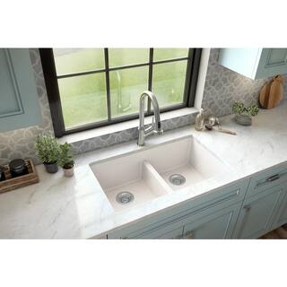 Karran Quartz White 32 in. 5050 Double Bowl Composite Undermount Kitchen Sink QU-810-WH