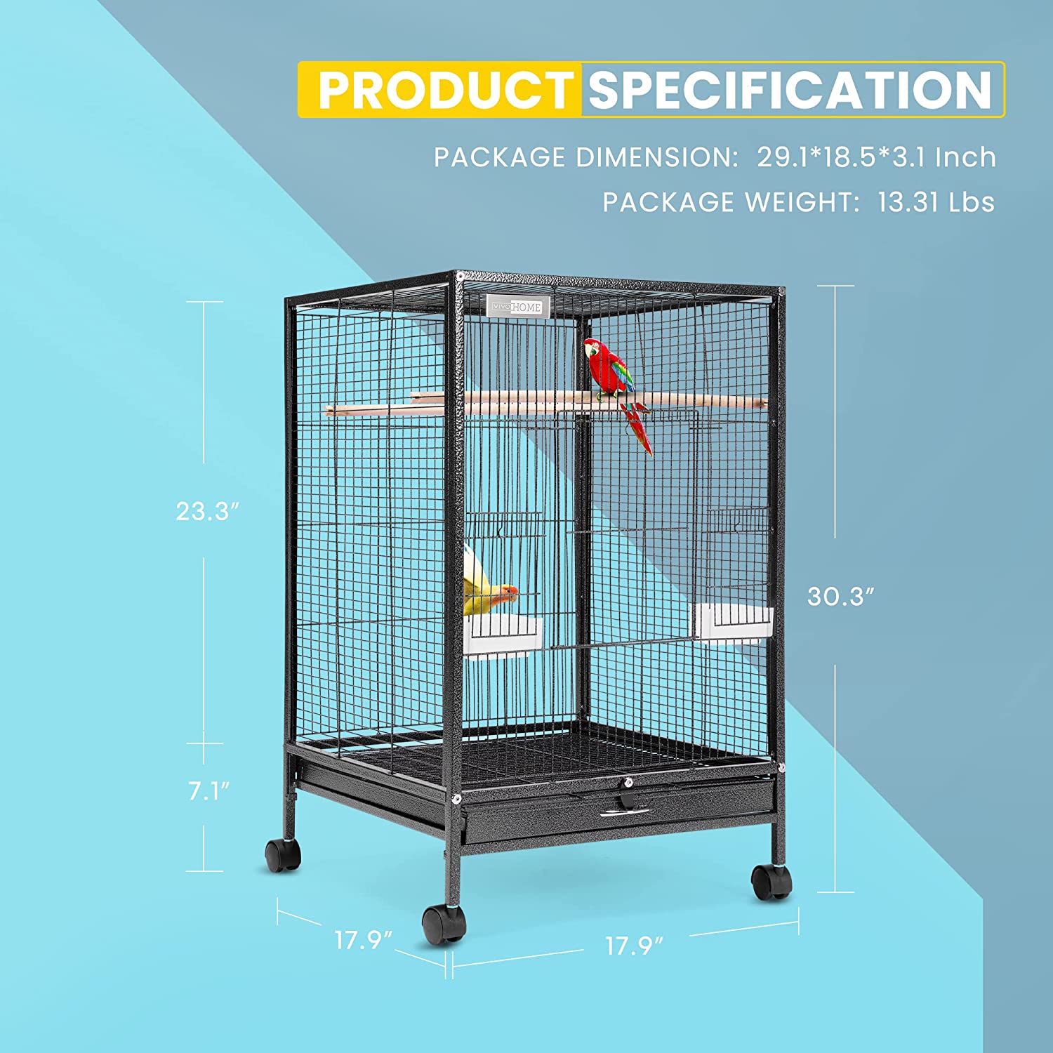 Vivohome Wrought Iron Bird Cage with Rolling Stand for Parrots， Lovebirds and Cockatiel， 30 Inch