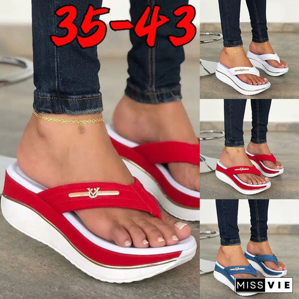 Summer Women's Wedge Heel Thick Bottom Flip Flops Platform Slippers Outdoor Leisure Platform Sandals Height Increasing Sandals Plus Size 35-43