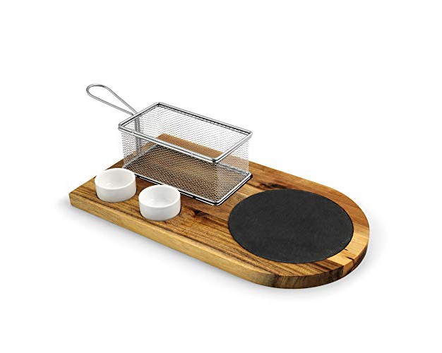 Yukon Glory Burger Board Set Includes Premium Acacia Wood Board With Slate Stainless Steel Fry Basket Porcelain Condiment Cups