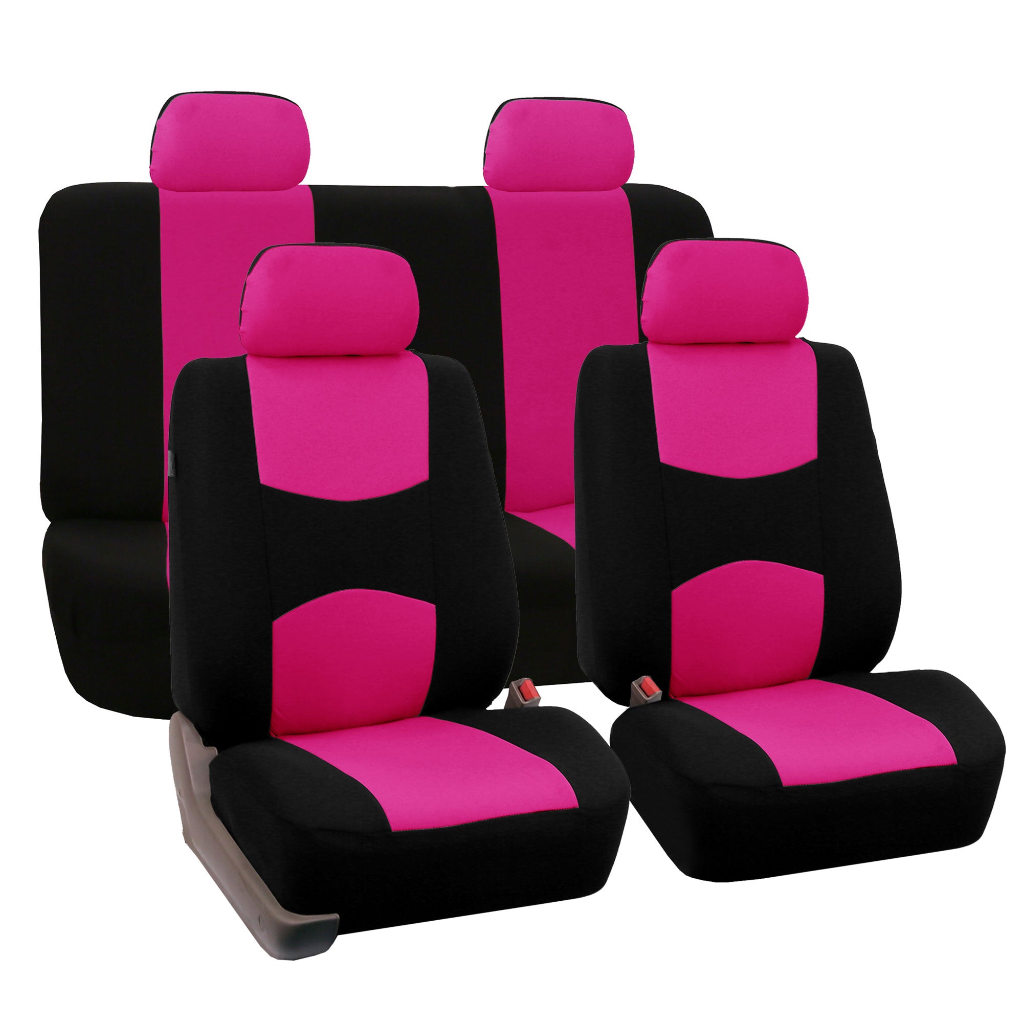 FH Group Cloth Solid Bench Seat Cover， Full Set with Gray Heavy Duty Floor Mats， Pink Black