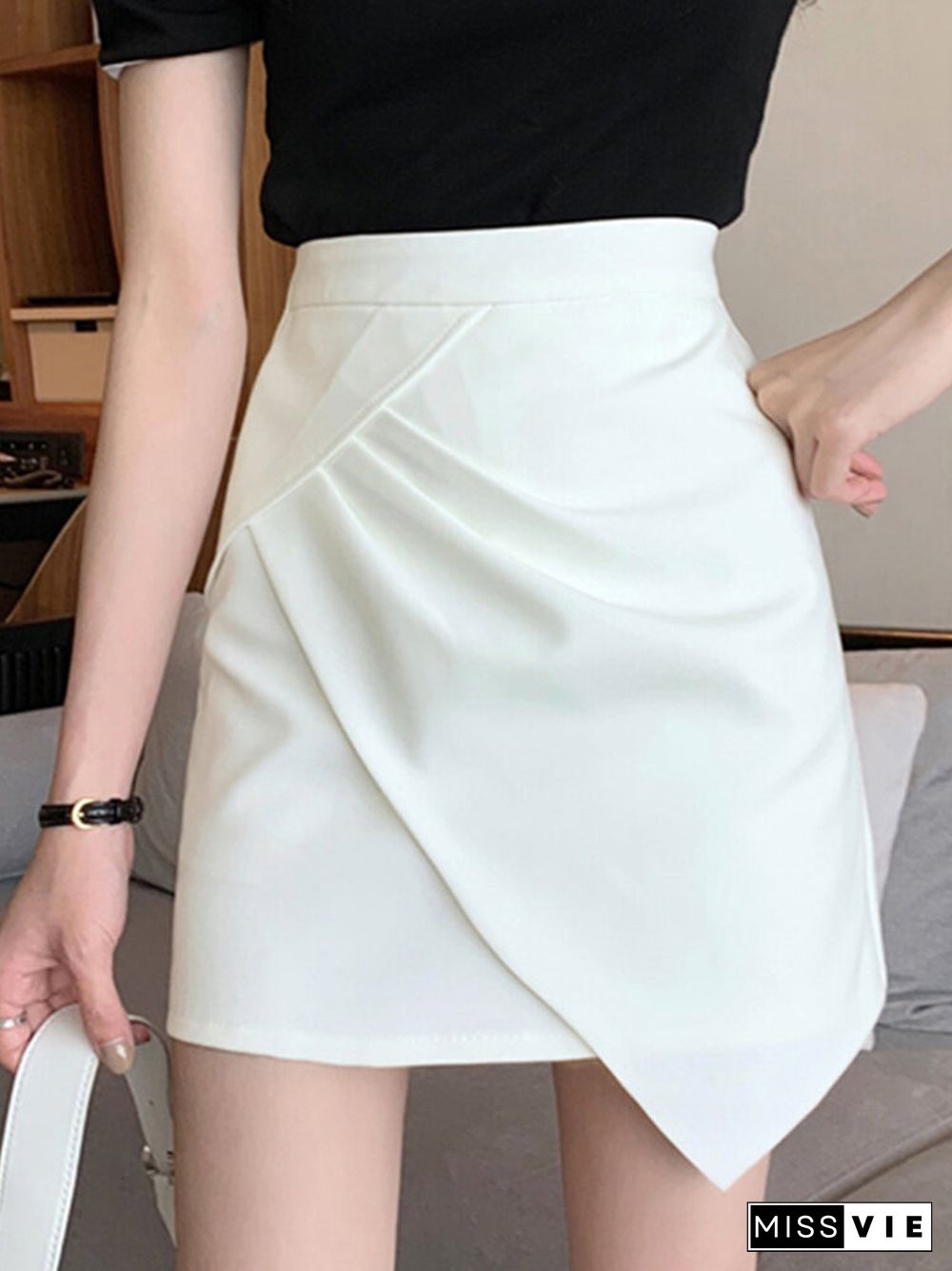 Asymmetrical Hem Pleated Solid Mini Women Skirt