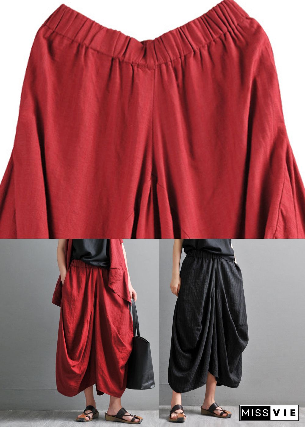 Simple Red Pockets Wide Leg Pants Skirt Summer