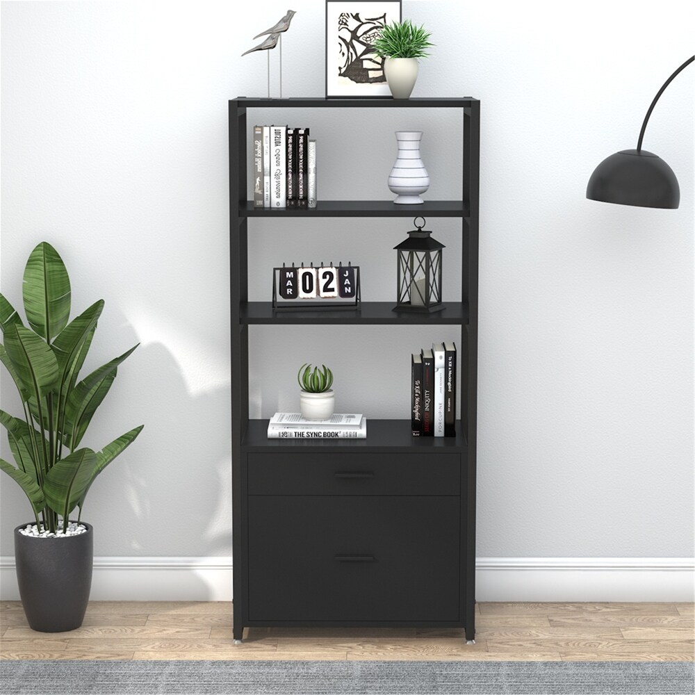 Bookcase Bookshelf  4 Tier Modern File Cabinet with 2 Drawers