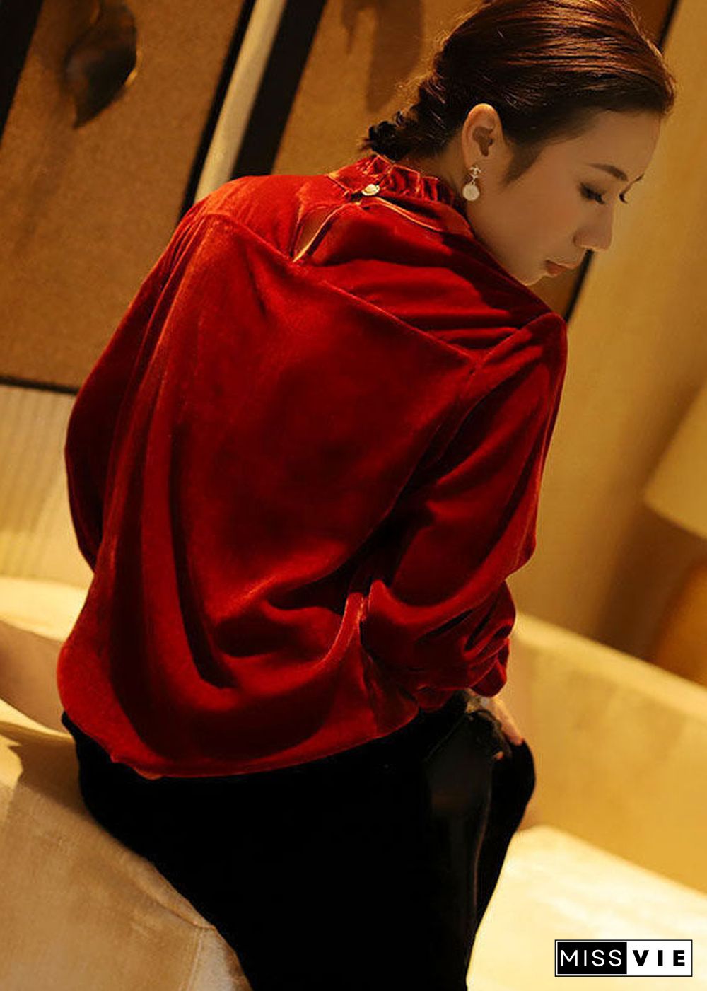 Women Red Stand Collar Ruffled Button Silk Velour Shirt Top Long Sleeve