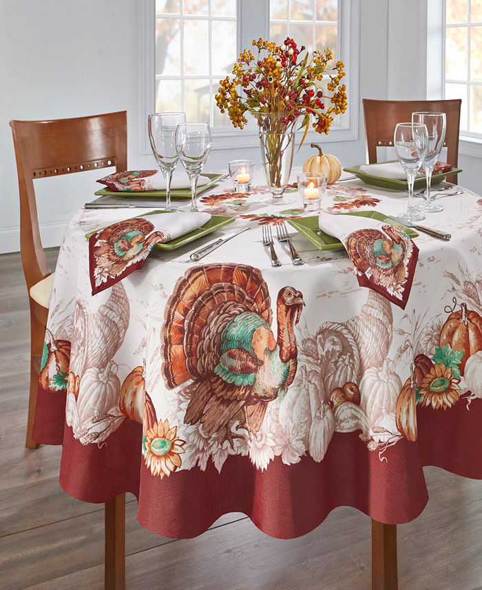 Elrene Holiday Turkey Bordered Fall Tablecloth 70 Round