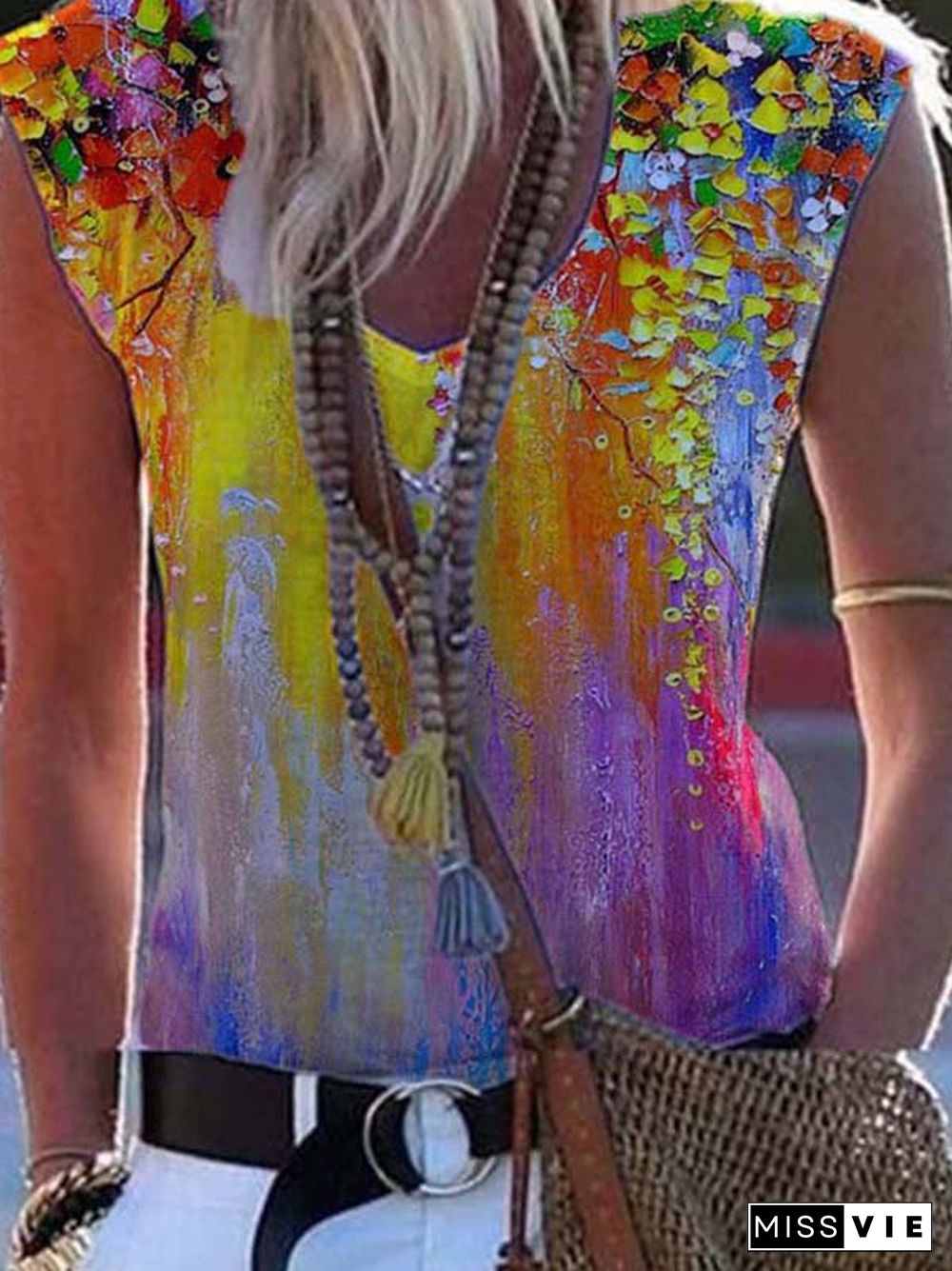 Printed Sleeveless Casual V Neck Shirts & Tops