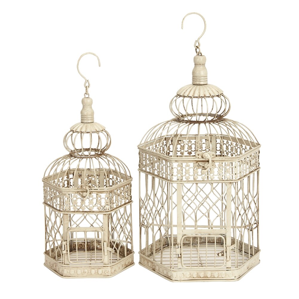 Cream Metal Vintage Birdcage with Latch Lock Closure and Hanging Hook (Set of 2)   10 x 10 x 21