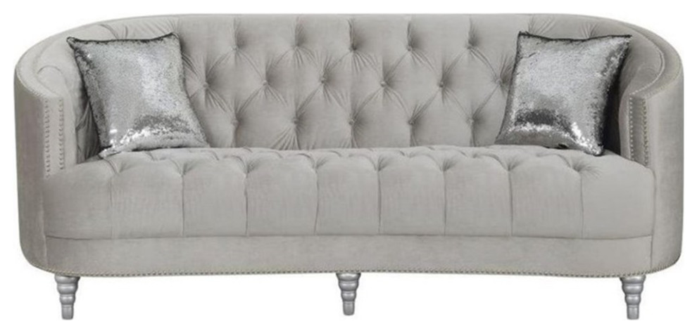 Pemberly Row Transitional Velvet Tufted Sloped Arm Sofa in Gray   Traditional   Sofas   by Homesquare  Houzz