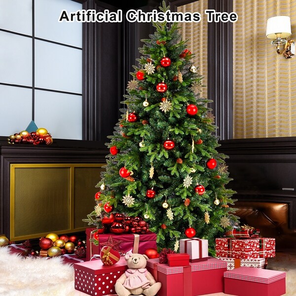 Christmas Tree Holiday Xmas Tree w/ 1，800 Branch Tips，Artificial Christmas Tree Decorations，Metal Hinges and Foldable Base.