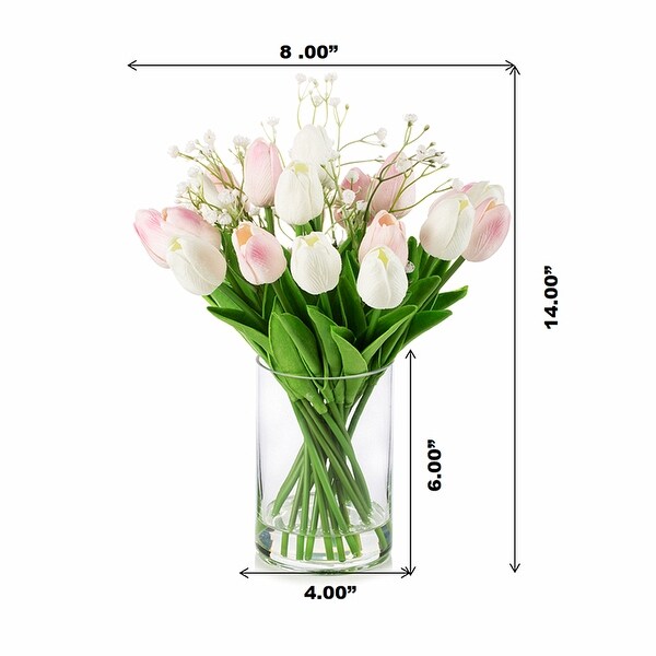 Enova Home 18 Mixed Artificial Real Touch Tulip Flower Arrangement in Clear Glass Vase with Faux Water for Home Decoration