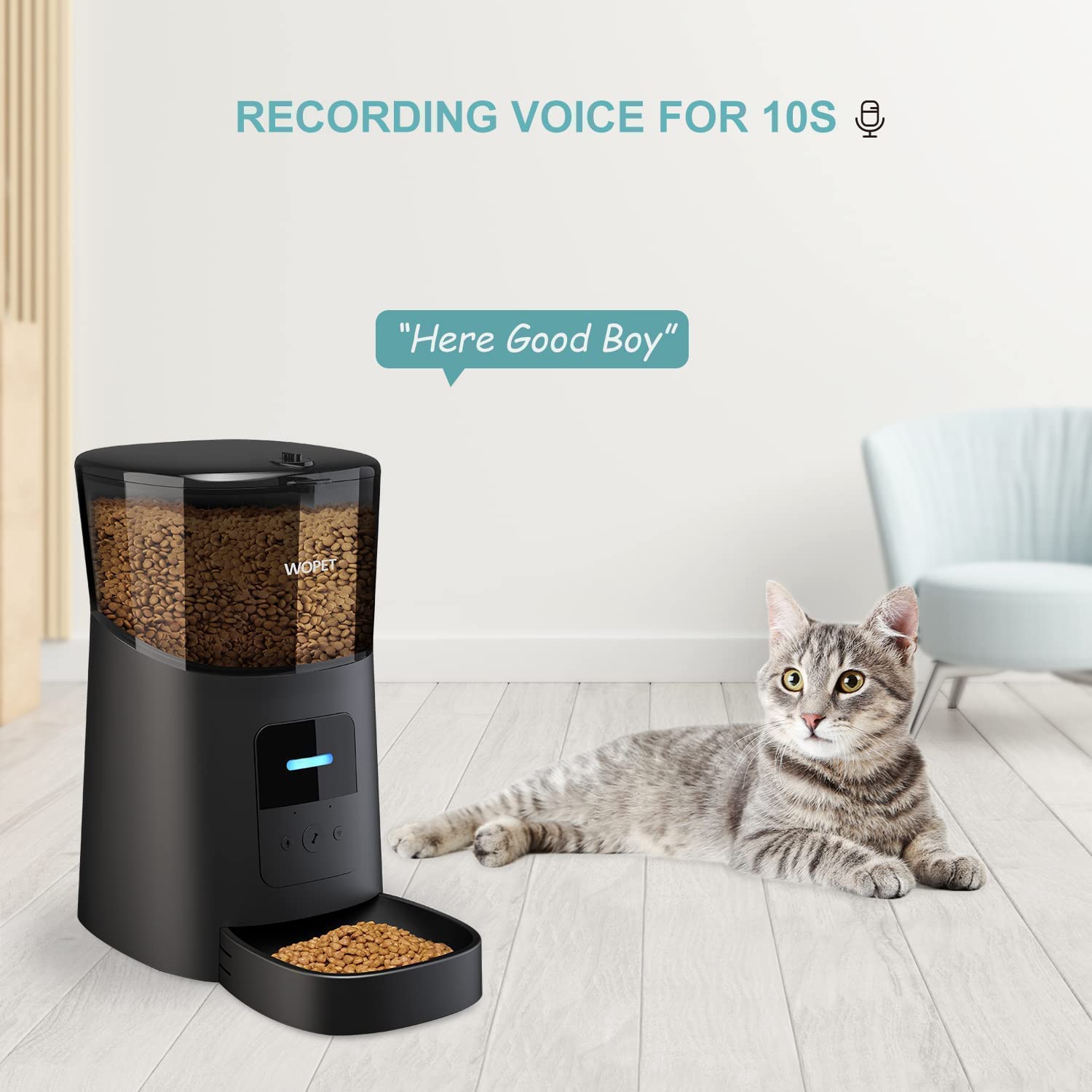 6L Automatic Cat Feeder，Wi-Fi Enabled Smart Pet Feeder for Cats and Dogs，Auto Dog Food Dispenser with Portion Control， Distribution Alarms and Voice Recorder Up to 15 Meals per Day (Black)