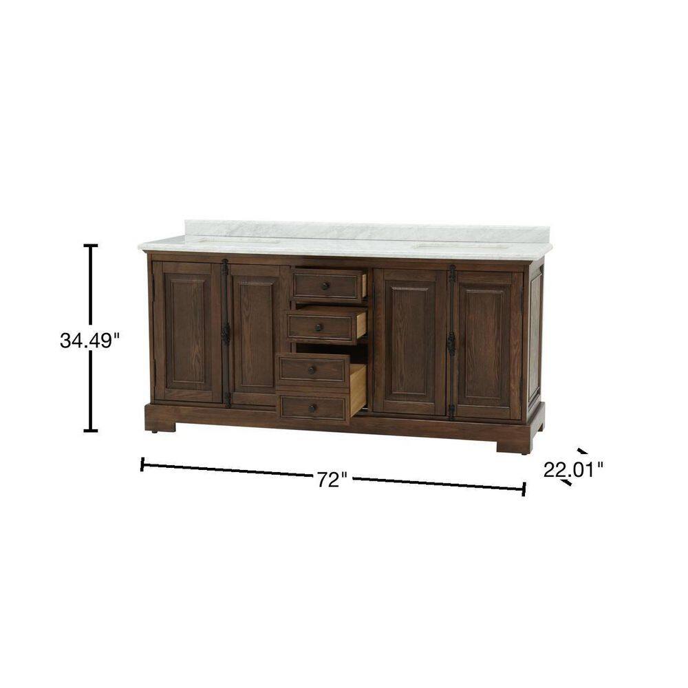 Home Decorators Collection Clinton 72in W x 22in D x 35in H Bath Vanity in Antique Coffee Double White Sinks w White Marble Top 9785100800