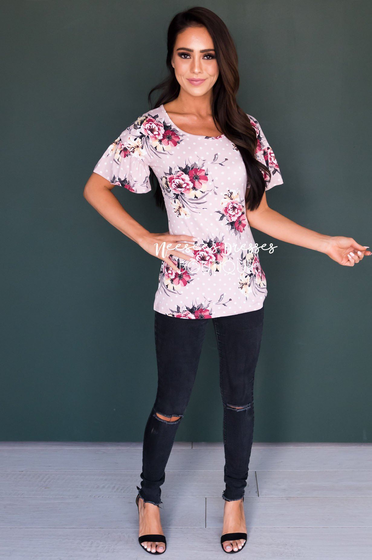 Polka Dot Floral Bell Sleeve Top