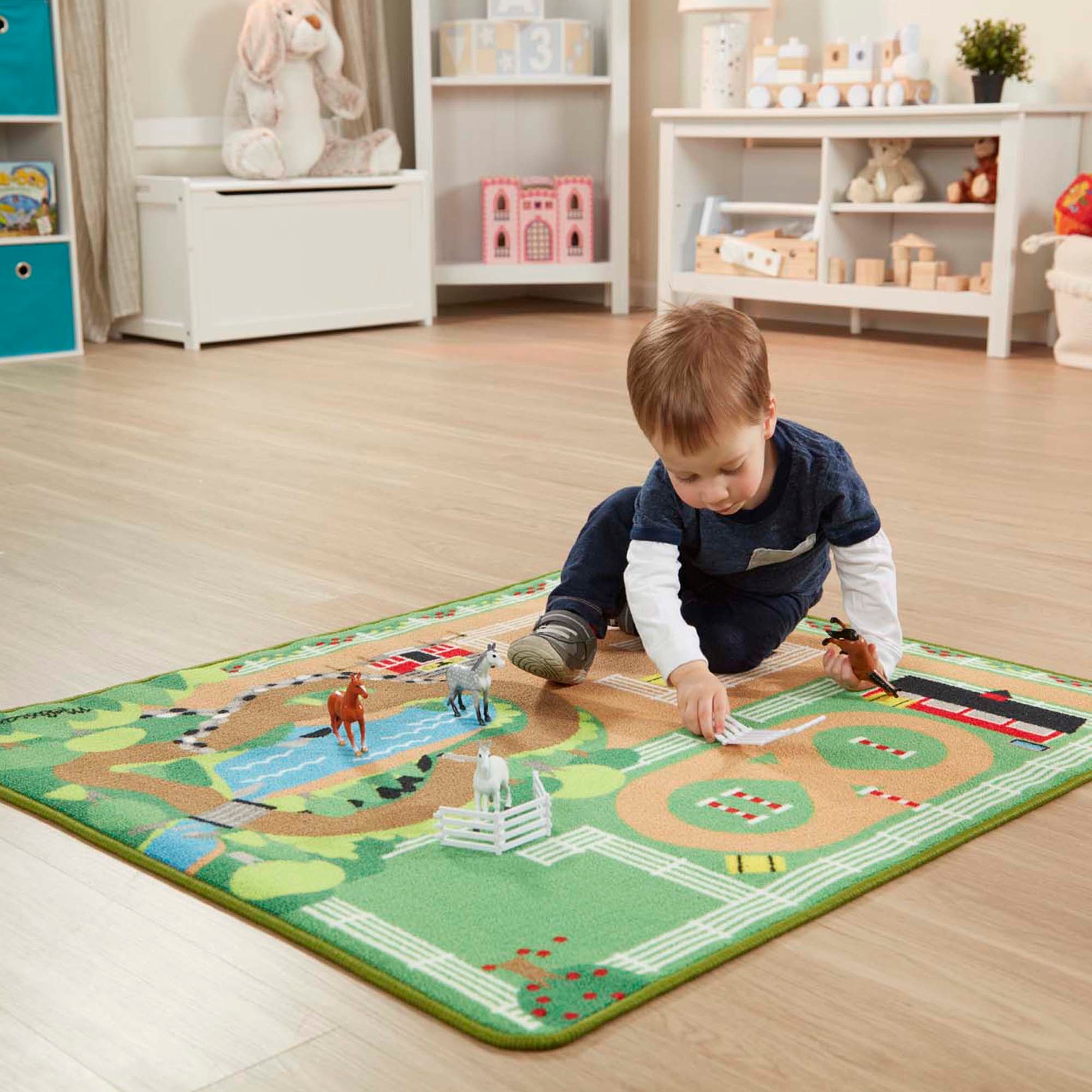 Melissa and Doug Round the Ranch Horse Activity Rug (39 x 36 inches) With 4 Play Horses and Folding Fence