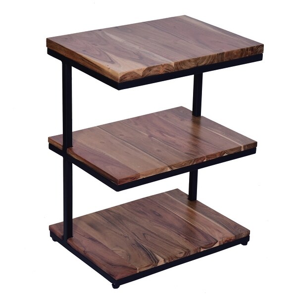 Industrial End Table with 3 Tier Wooden Shelves and Metal Frame， Brown and Black