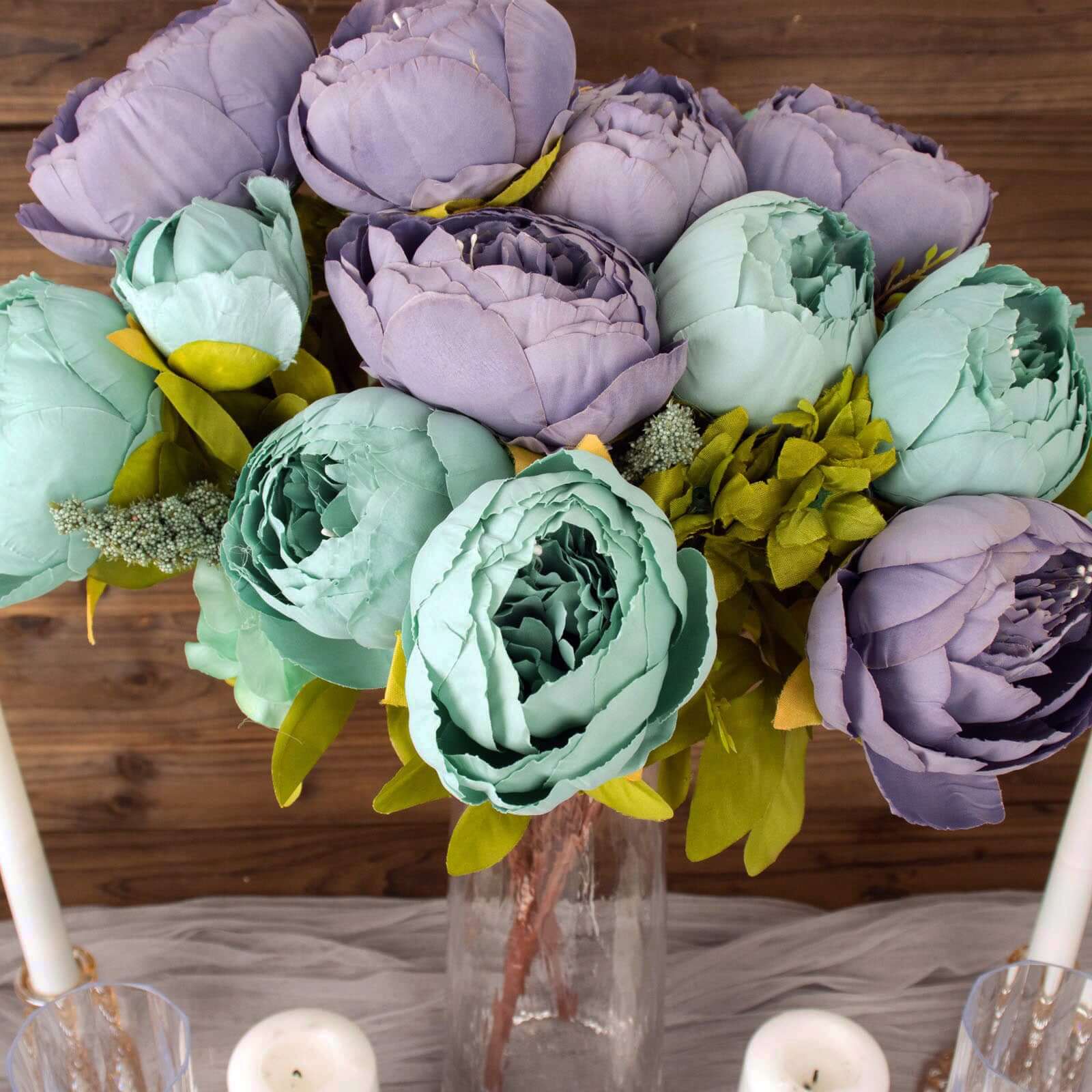 2 Pack Dusty Blue Artificial Peony Flower Wedding Bouquets, Faux Silk Flower Arrangements 19