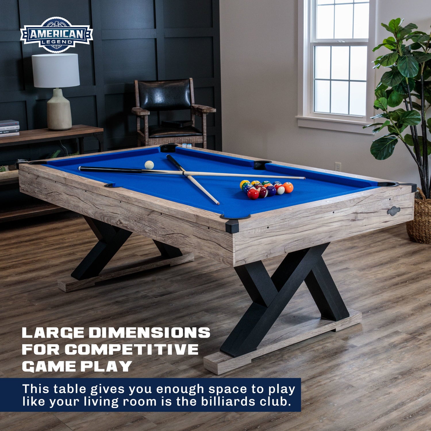 American Legend Kirkwood 84" Billiard Table with Rustic Blond Finish, K-Shaped Legs and Royal Blue Cloth