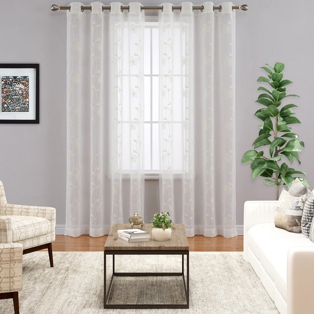 Trinity Semi Sheer Curtains 2 Panels Floral Embroidered Half Translucent Grommet Voile Drapes Farmhouse Window Treatments