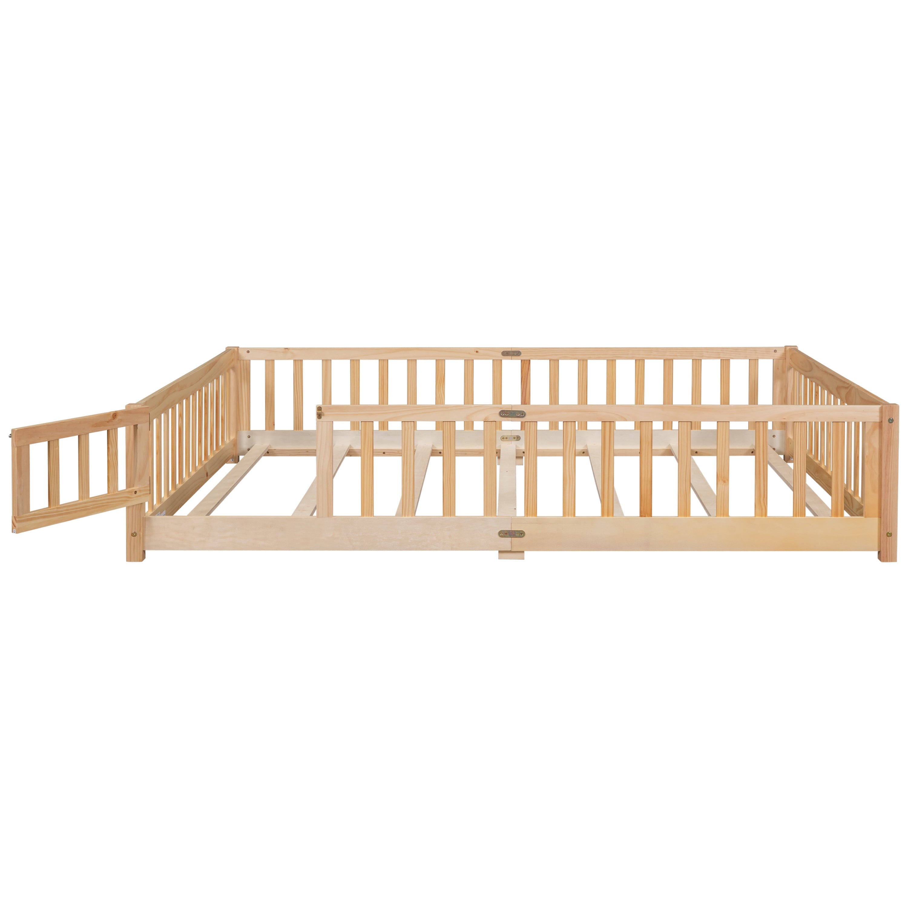 uhomepro Queen Size Wood Floor Bed Frame with Fence and Door for Kids, Toddlers, Natural