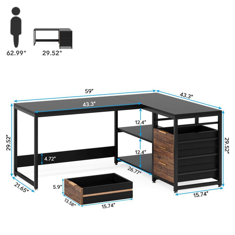 BYBLIGHT Lanita 59 in. L Shaped Black Particle Board 4 Drawer Computer Desk Reversible Corner Office Desk Sturdy Writing Table BB-XK00174XF