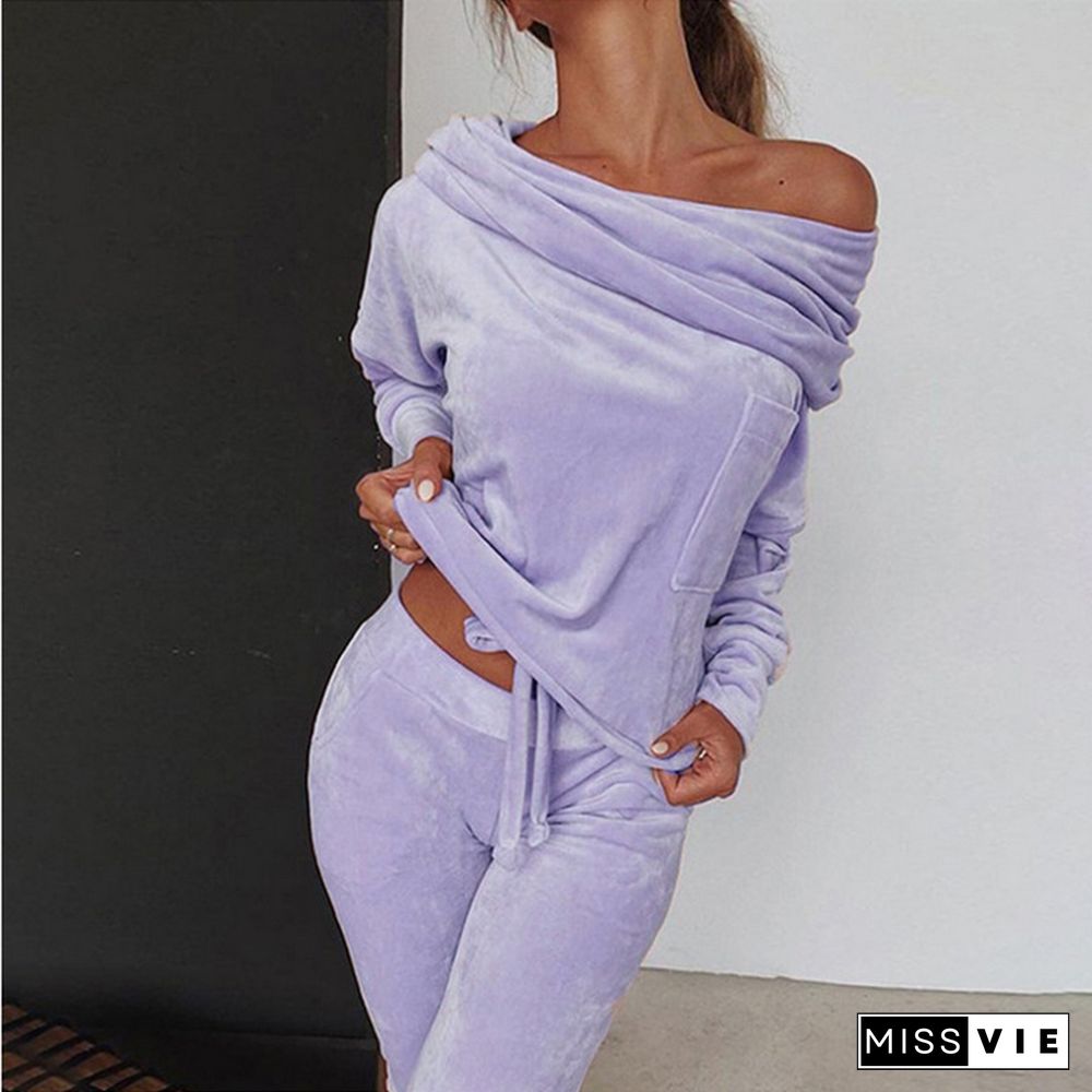 Sweatshirt Women 2 Pieces Set Tracksuit Autumn One Shoulder Sweatshirt Pants Sets Sport Wear Tracksuit Velvet Lounge Suit