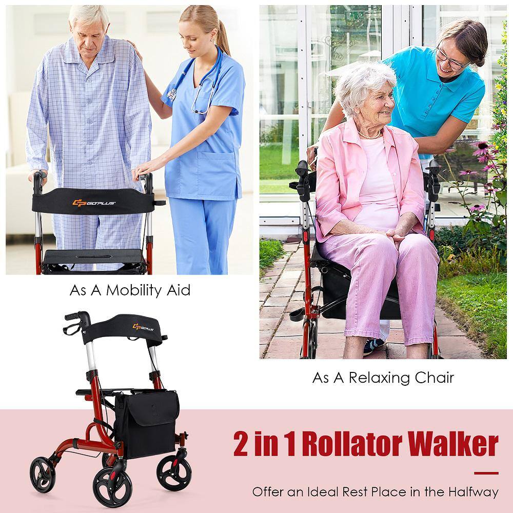 Costway 4-Wheel Walker Rollator Walker wSeat Folding Aluminum Rolling Walker w8 in. Wheels in Red JH10007RE