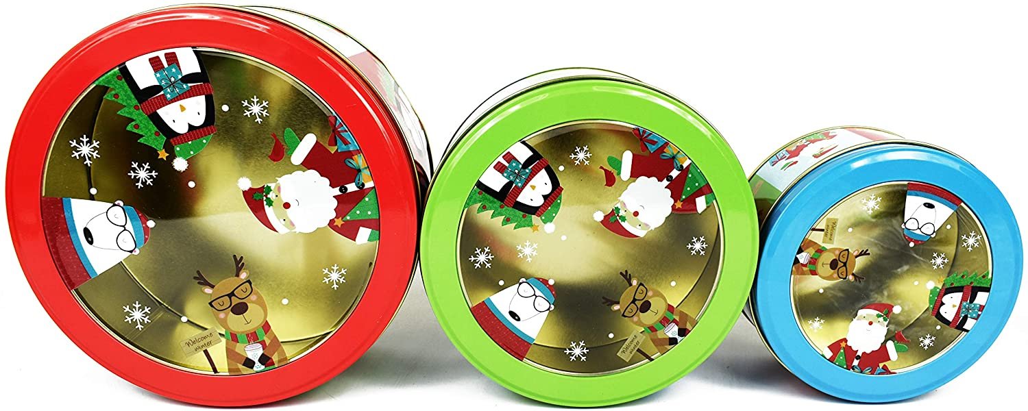 ALEF Christmas/Holiday Set of 3 Decorative Nesting Tins (Round w/Window)