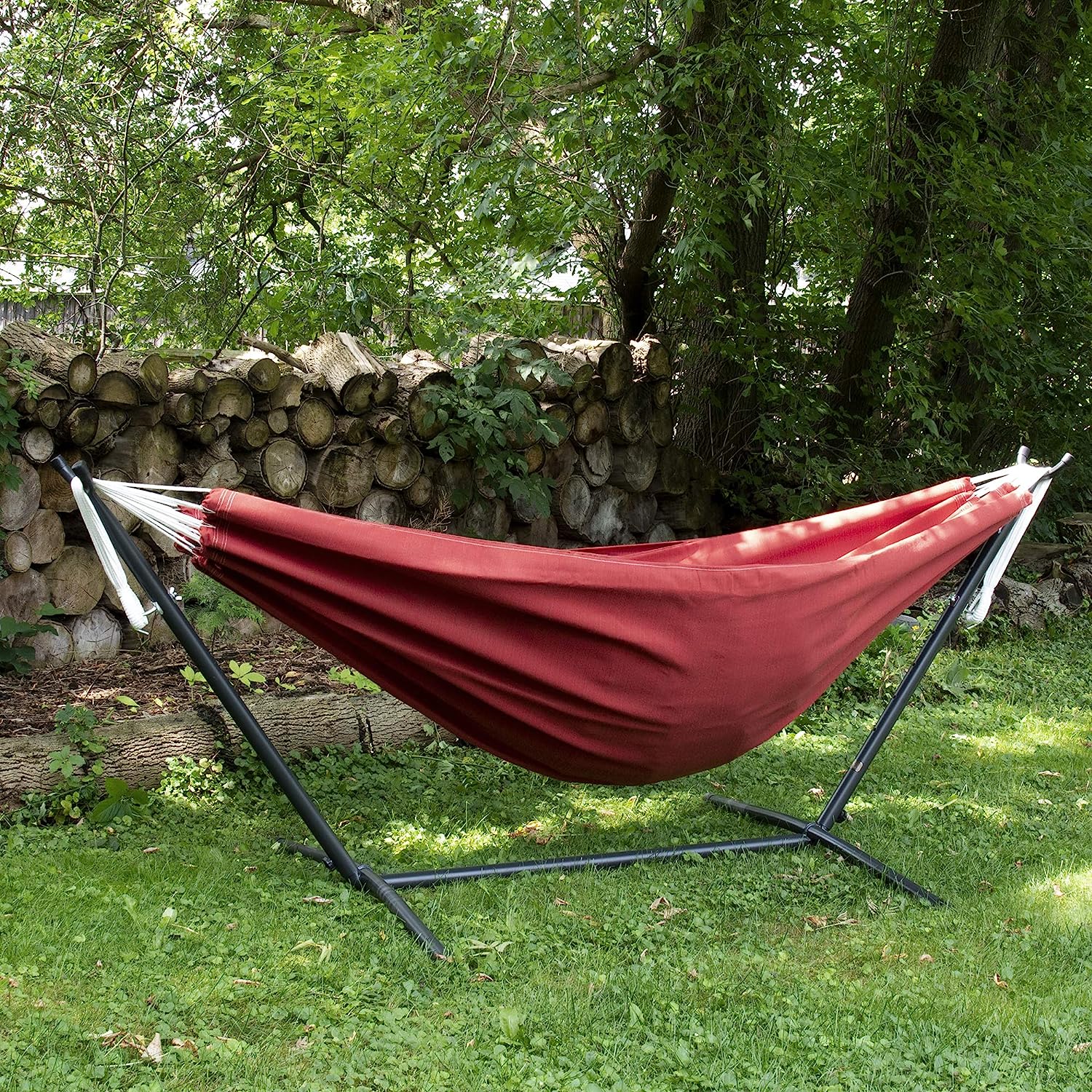 Double Cotton Hammock with Space Saving Steel Stand, Tropical (450 lb Capacity - Premium Carry Bag Included)