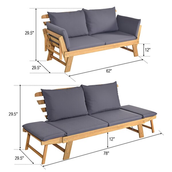 Gymax Adjustable Patio Sofa Daybed Acacia Wood Furniture w/ Cushion