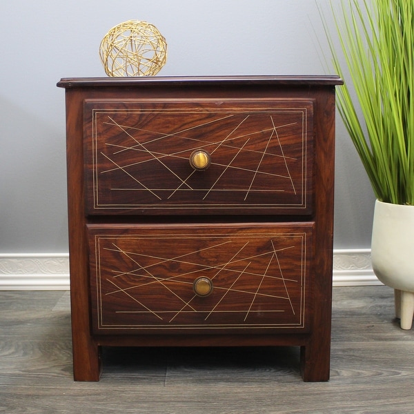 Natural Geo Rosewood Square End Table - Abstract Golden Brass Inlay