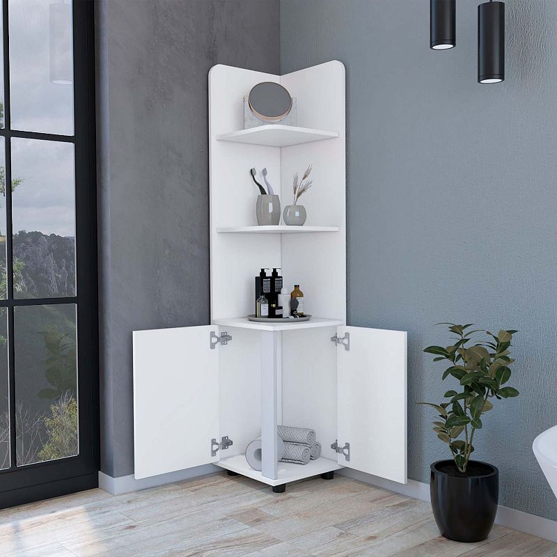 Sunriver Corner Shelf with Cabinet， 3-Tier Shelf， Metal Handles