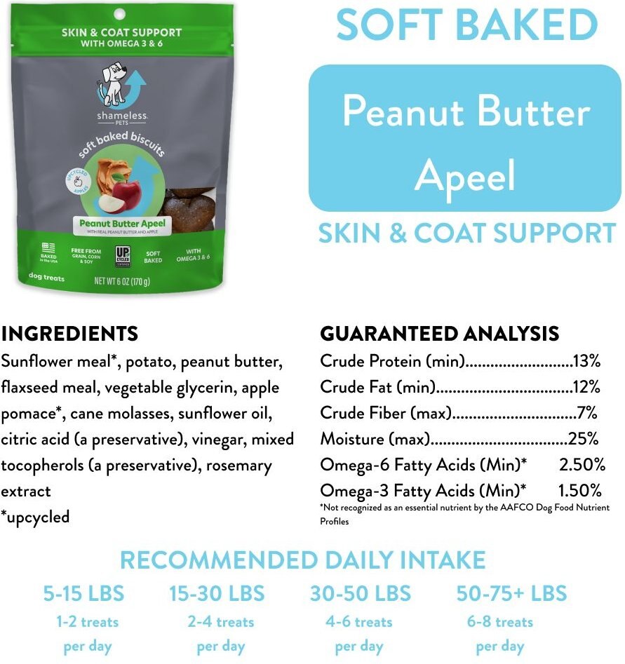 Shameless Pets Soft Baked Peanut Butter Apeel Flavor Grain-Free Dog Treats， 6-oz bag