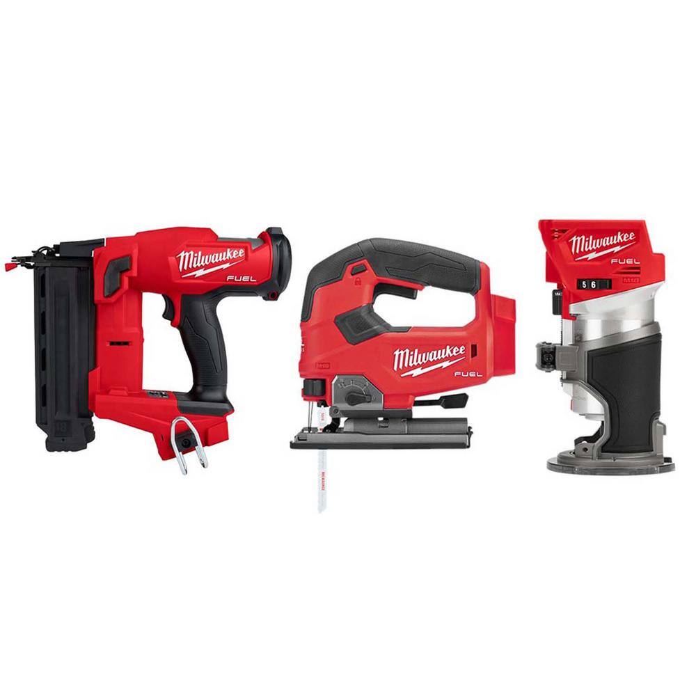 MW M18 FUEL 18-Volt Lithium-Ion Brushless Gen II 18-Gauge Cordless Brad NailerJig SawithRouter Combo Kit (3-Tool) 2746-20-2723-20-2737-20