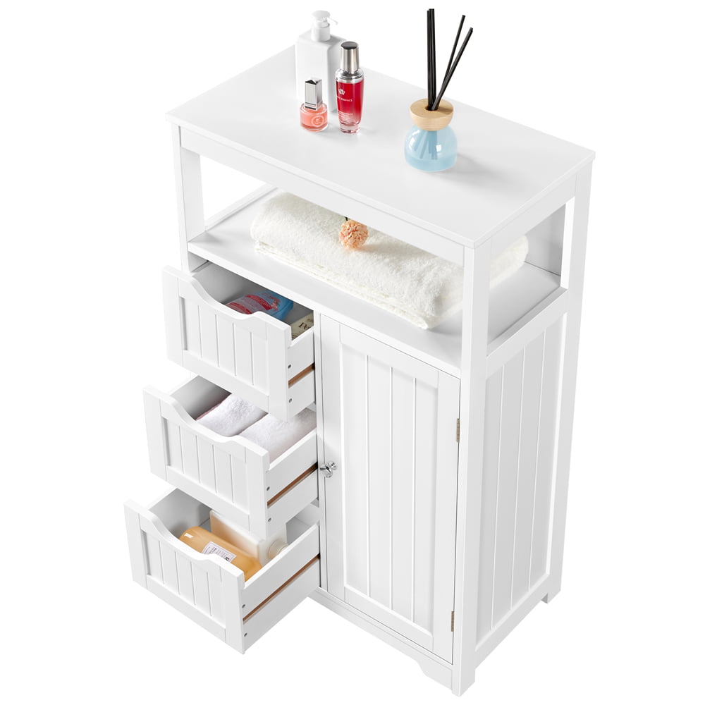 Topeakmart Wooden Bathroom Floor Cabinet Storage Organizer with Drawers, White