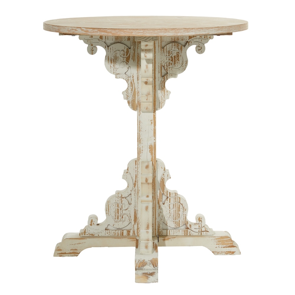 Wood Intricately Carved Scroll Accent Table with Brown Wood Top