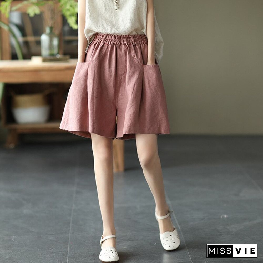 Summer New All-Match Pure Linen High Waist Shorts Elastic Waist Loose And Thin Wide-Leg Pants Casual Solid Color Shorts Woman